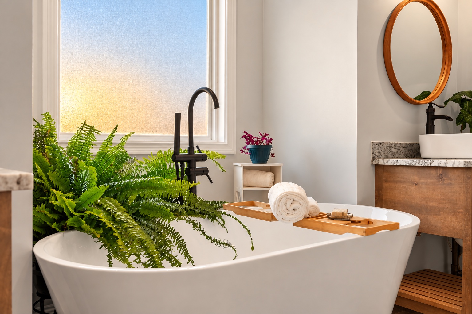 Freestanding tub beneath the window in the primary bathroom at 23 Cornerstone Dr